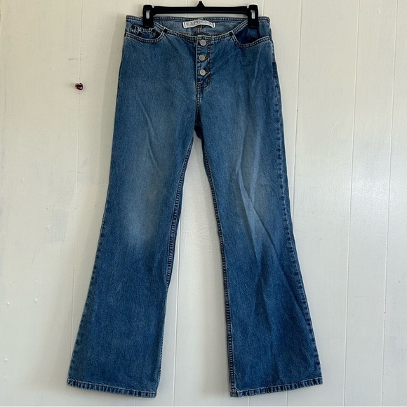 Express Y2K 90s Denim Blue Low Rise Button Fly Hipster Flare Jeans Size 7/8. - Picture 1 of 10